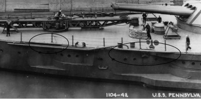 USS Pennsylvania in 1942 showing cabling going outboard of the railing in two spots (circled).