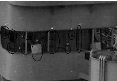 Close up of Observation Platform (below searchlights) along side of smoke stack just after 1930's modernization circled and numbered.