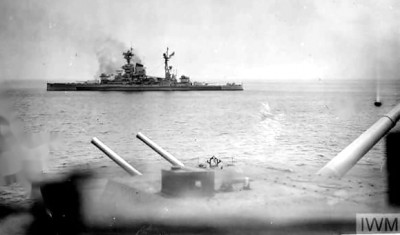 This Ramillies camo is also featured with a color illustration in the book I ordered (HMS Ramillies: The Last Salvo). It's light grey and that dark band across the middle is blue