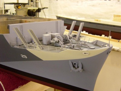 Heres the bow, stb. side. Note I have now painted the decks with 20B, deck blue, and I have added the hull numbers. You can see the details here a bit better without the flighdeck in place.
