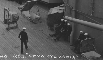 The square hatch is to the lower right of this picture of the USS Pennsylvania. The only shot of the grate I could find with this angle showing what is inside.
