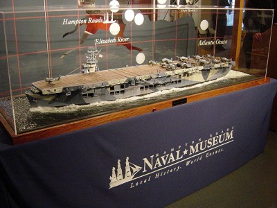 And here she is, USS Santee. She is on display just as you enter the Museum. This is temporary as the model will be moved to the "Battle of the Atlantic" exhibit when the area is ready. Note the red button. This is a momentary push-on switch that activates the hanger deck lights. There is one on the other side of the base as well.