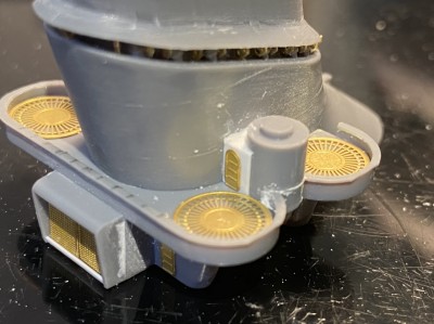Here you can see the enclosure behind the director platform.  I used some strip styrene, putty, and PE doors
