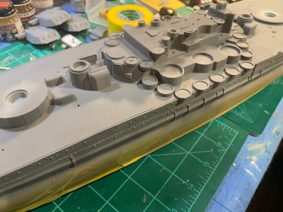 Here�s the forward segment of the ship after being primed and painted.