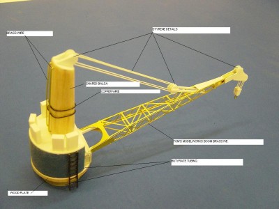 I've noted here the materials used to make the crane. A note on the boom from Tom's MW. I feel that it is too thin. It's very easy to bend it out of shape, almost impossible to solder, and difficult to work with. Not to knock the company, but it would be alot easier and look better if the part was a bit thicker. Just my opinion. I did the best I could with it. The piece is not totally accurate, rather generalized for cruisers and BB's. They were all slightly different.