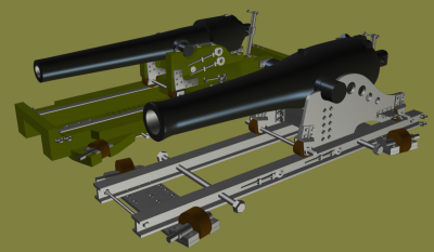 Iron carriage XI Dahlgren and 100# Parrott as were mounted on Constellation's gun-deck in the 1870s