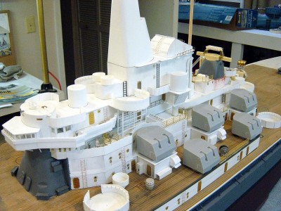 Port side here, looing aft. Lot's more details to be added. I ran out of railing! There is about 21 feet of railing! Note the unusual shape of the forward citadel. This was a challenge.... Read on...