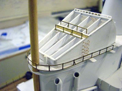 Close up of the funnel cap here. There are subtle differences between So.Dak. and Mass. caps and Indianas. Closer to Alabama.Steam pipes are formed styrene. Small pipe next to mast is the incinerator exhaust. Grab rails are a bit too thick, so I may replace them. Cap will be painted black, so they may not be so pronounced then. We will see.