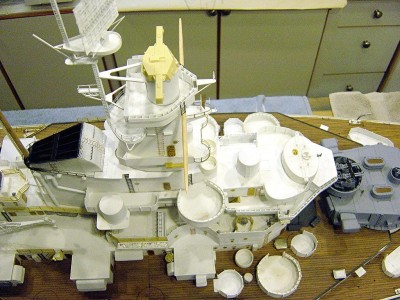 An overhead view showing the general arrangement of the superstructure. Lot's of styrene and alot of fabricating.