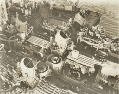 USS Mertz showing the Red Devil on the funnel and number "8" below the 40mm gun mount