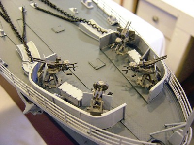 Lets start at the bow. Here is the very forward twin 20MM mounts. There is some dispute as to wether these were in fact installed on the ship, as 20MM singles are also noted in my research. I decided to go with these. 20MM twins were in short supply, but I belive a few were added at Indianas last refit.