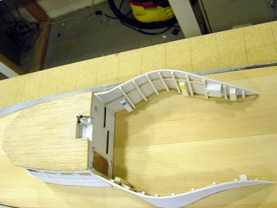 Overhead view here. Pilothouse, shields and deck are all dry fit for now. Small box you see on the right is signal gun compartment.