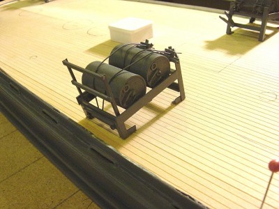 Rack on stb. side. It will be closer to the bulwark at final installation. Note the extension now in the up position.