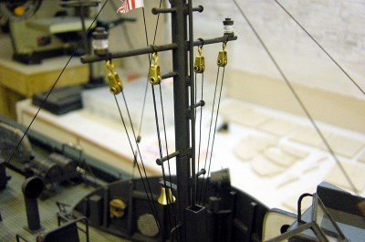 A close up of the halyard pulleys.