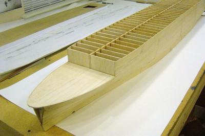 Portside view looking aft. Bow not formed yet. I will use autobody filler here after hull sheeting is completed and sealed.