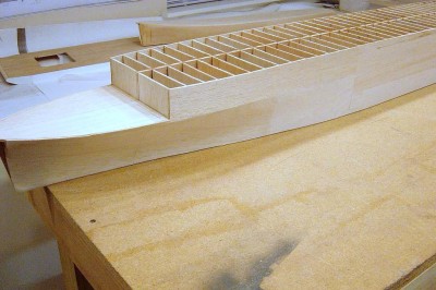 Portside bow view of the CVE. Note that the second layer of 1/16" sheeting really smooths things out. I'm able to make the joints alot tighter, too.
