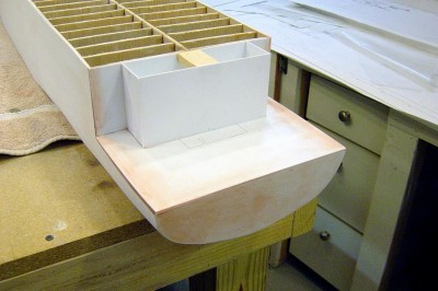 Stern area here. The deck, transom, and other items here are all .040 styrene sheet. Lots to add here yet.