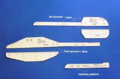 I have transferred the drawings to poster board, then cut them out as shown here. These will be the patterns for the decks and the sponsons themselves.