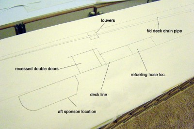 Again using the drawings for reference, I have drawn out the working lines here on the stb. side of the CVE hull. This is the aft sponson area.