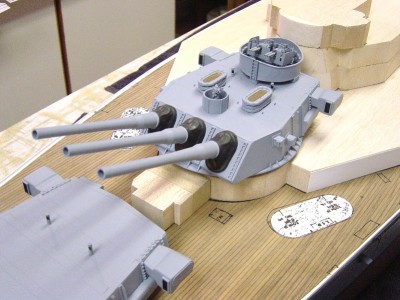 A close up of #2 16" turrent. The structure on deck in front of the turrent is the deck office. Once other details are added, this should look pretty good! Hope so, anyway!