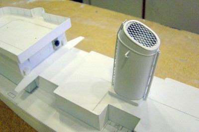 Here we have the funnel. There are three main pieces here. The base, the main stack, and the cap. All are shaped balsa block wrapped with .010 styrene sheet. Other details are then added.