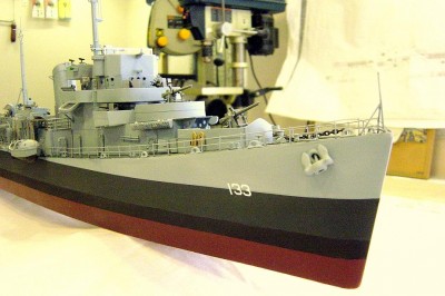 Stb. bow view here. There are five main colors to the ship, Hull Red, Flat Black, Navy Blue 5-N, Haze Gray 5-H, and Deck Blue 20-B. For the Hull Red I used Floquil RR paint "Tuscan" with a little black added. Boot topping is just Flat Black. The Navy Blue is Tamiya XF-63, German Grey, with a little bit of Testors Dark Sea Blue added,#4686. The haze Grey is WEM colorcoat. Finally the Deck Blue is again Tamiya XF-63 with Sky Grey, XF-19 added to get the correct shade. I matched these with Snyder and Shorts color chips.