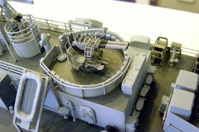 40MM twin here. Cast metal with p/e details. Note the spare barrel locker, scratchbuilt. Compass is between the gun director and the 40MM tub.