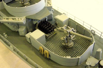 The lower 3" 50 mount. All the lockers are scratchbuilt using styrene wrapped balsa blocks. Better view of the hedgehogs here too, cast metal piece. The gun is also cast metal.