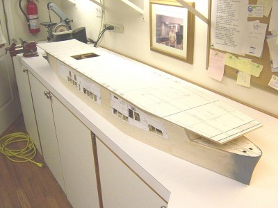 Stb. side view here. Note I have formed in the bow with the autobody filler. Should look pretty good as a waterline model. Hope I can do as good as some I've seen here!