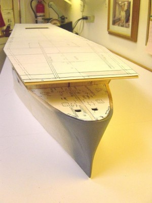 Another shot of the bow, Stb. side.Note the hawse pipe openings. All decks will be styrene. I've got to add the bulwark here yet and the anchor openings.