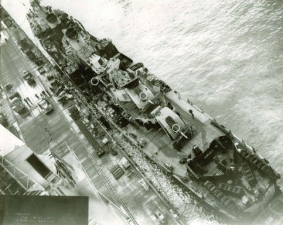 USS Bradford in 1945 from overhead.  Note skylookout chair at forward port corner of pilot house roof.