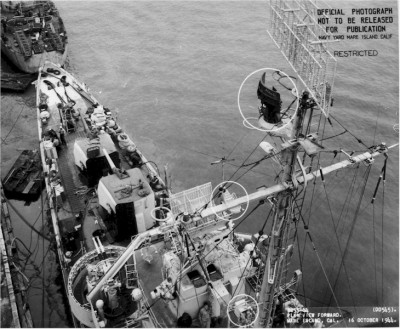 USS Bradford 1944.  Skylookout chair forward port side of pilot house roof.