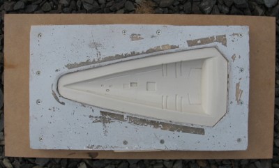 The fore deck mould in it's GRP support jacket.