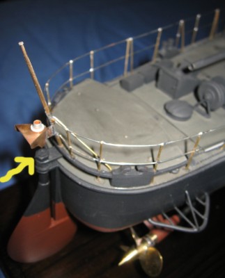 Here is the rudder installed on the nearly completed model. The top locking nut for the tiller can just be seen.