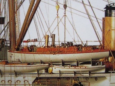 A contemporary shipyard model showing two picket boats stored on the deck of a capital ship.
