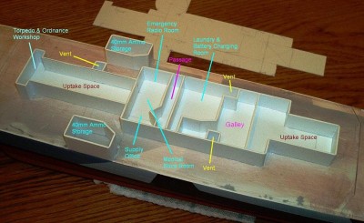 All bulkheads were made with .040 Evergreen styrene.  Corners were sanded round. Sadly, once the ship is completed, the only compartments visible to the outside through open hatches will be the Galley and the Passage, hence my request for galley photos.