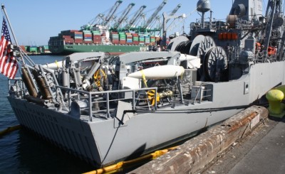 View of the stern with some of the sweep gear these ships carry.
