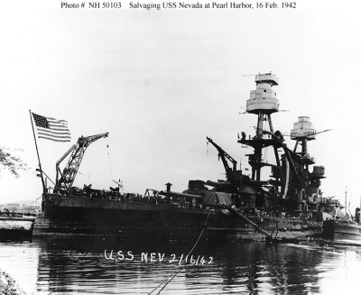 The is a PH era photo of the Nevada with a close-up crop of the 4 barrels of 1.1's