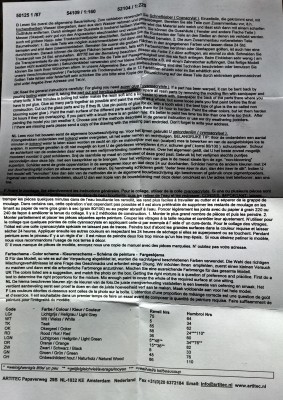 First page of instructions - all that text is just various translations of basic resin/multimedia kit procedures, nothing on the subject itself. Paint references at the bottom.